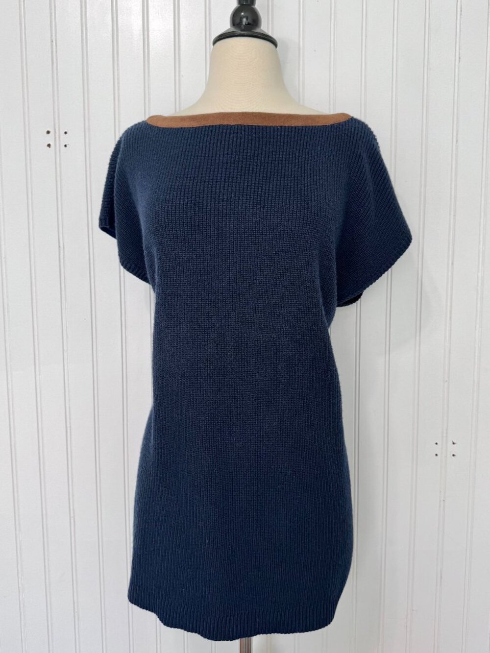NWT Lauren Ralph Lauren Navy Blue Knit Tunic Sweater Faux Suede Trim XL